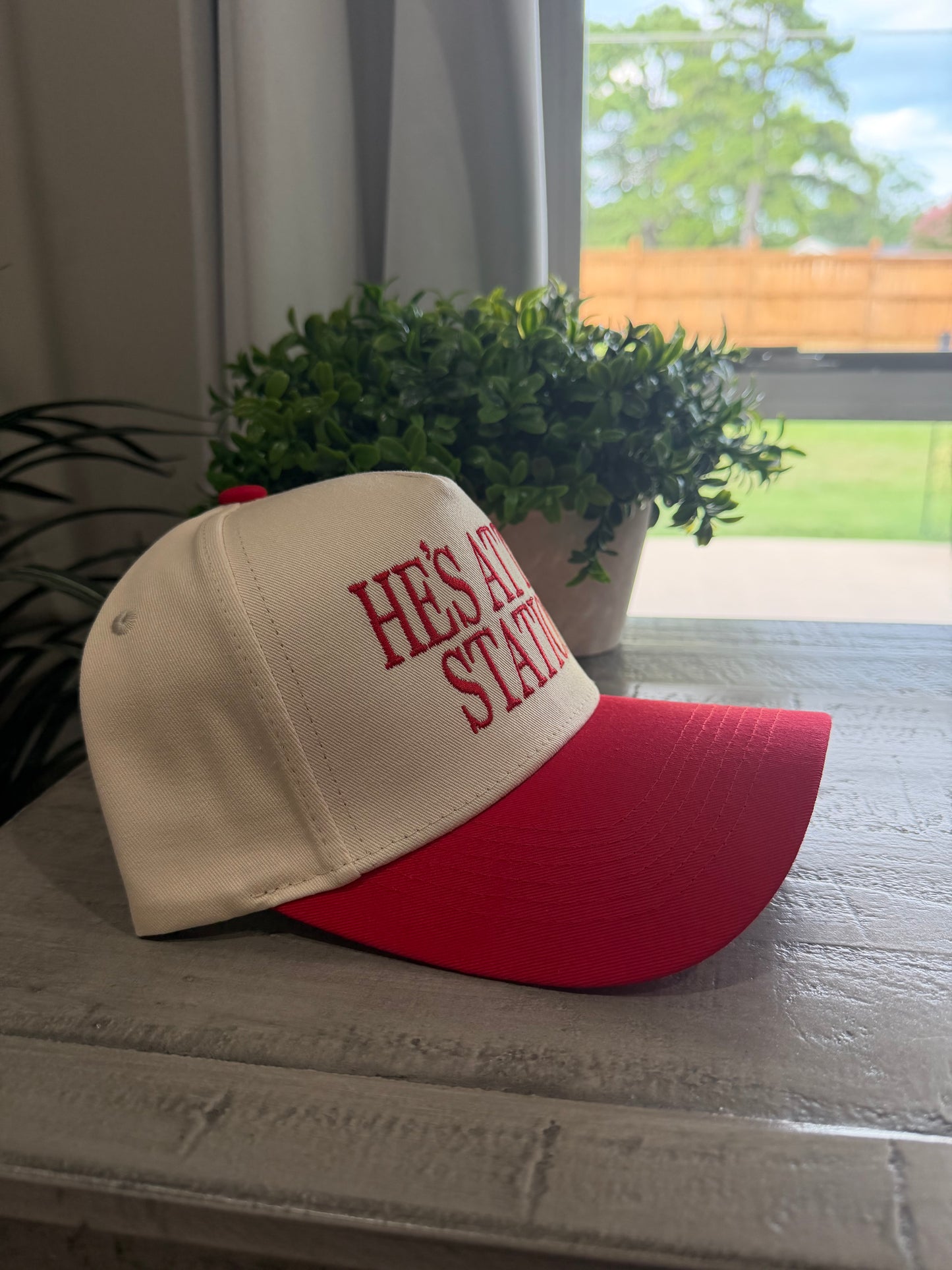 He's at the Station Trucker Hat | Red & Cream Embroidered Snapback