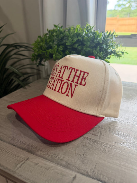 He's at the Station Trucker Hat | Red & Cream Embroidered Snapback