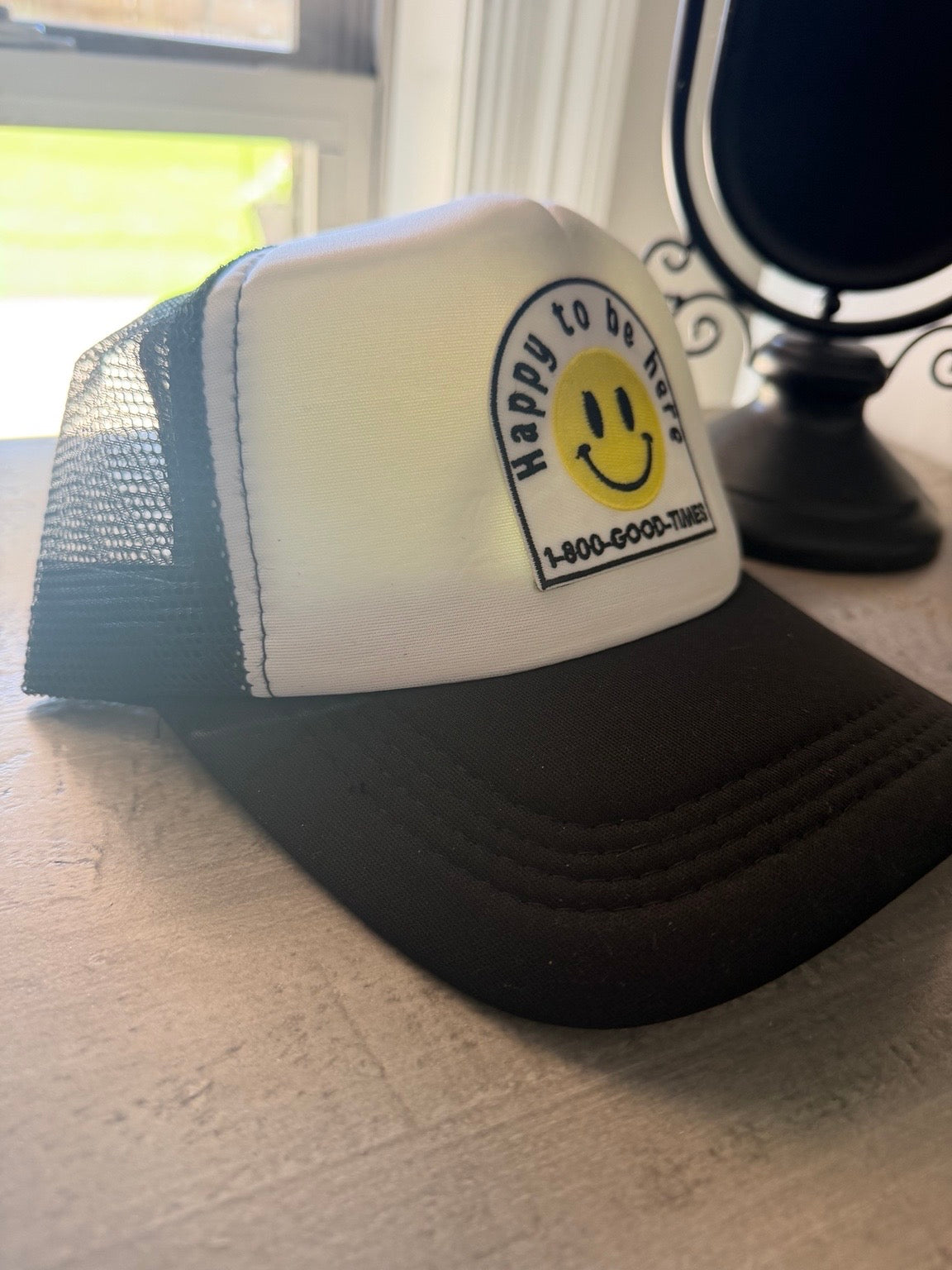 Happy to Be Here Trucker Hat| Black & White