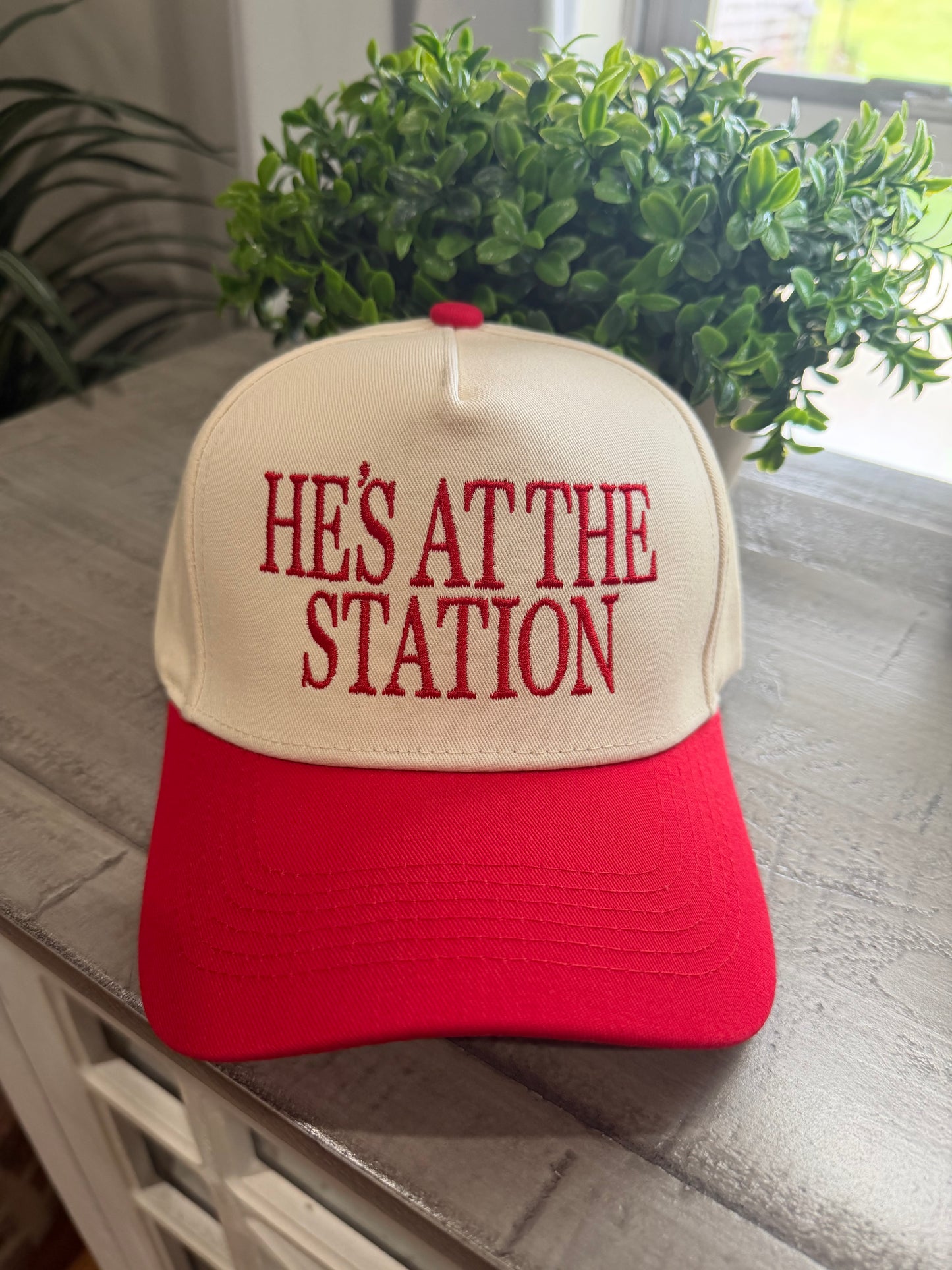 He's at the Station Trucker Hat | Red & Cream Embroidered Snapback