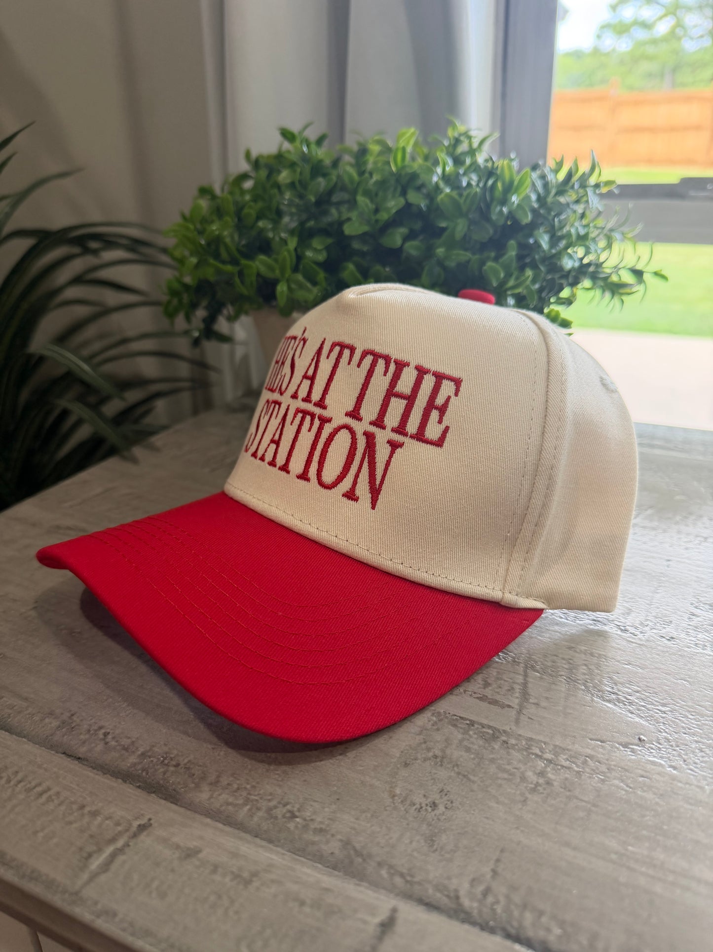 He's at the Station Trucker Hat | Red & Cream Embroidered Snapback