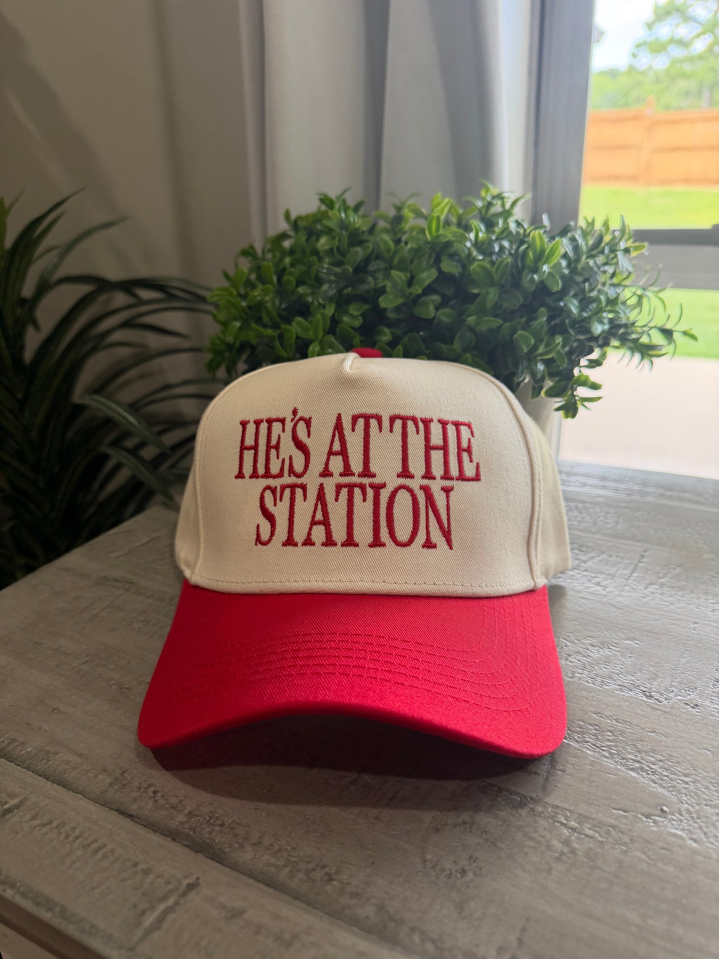 He's at the Station Trucker Hat | Red & Cream Embroidered Snapback