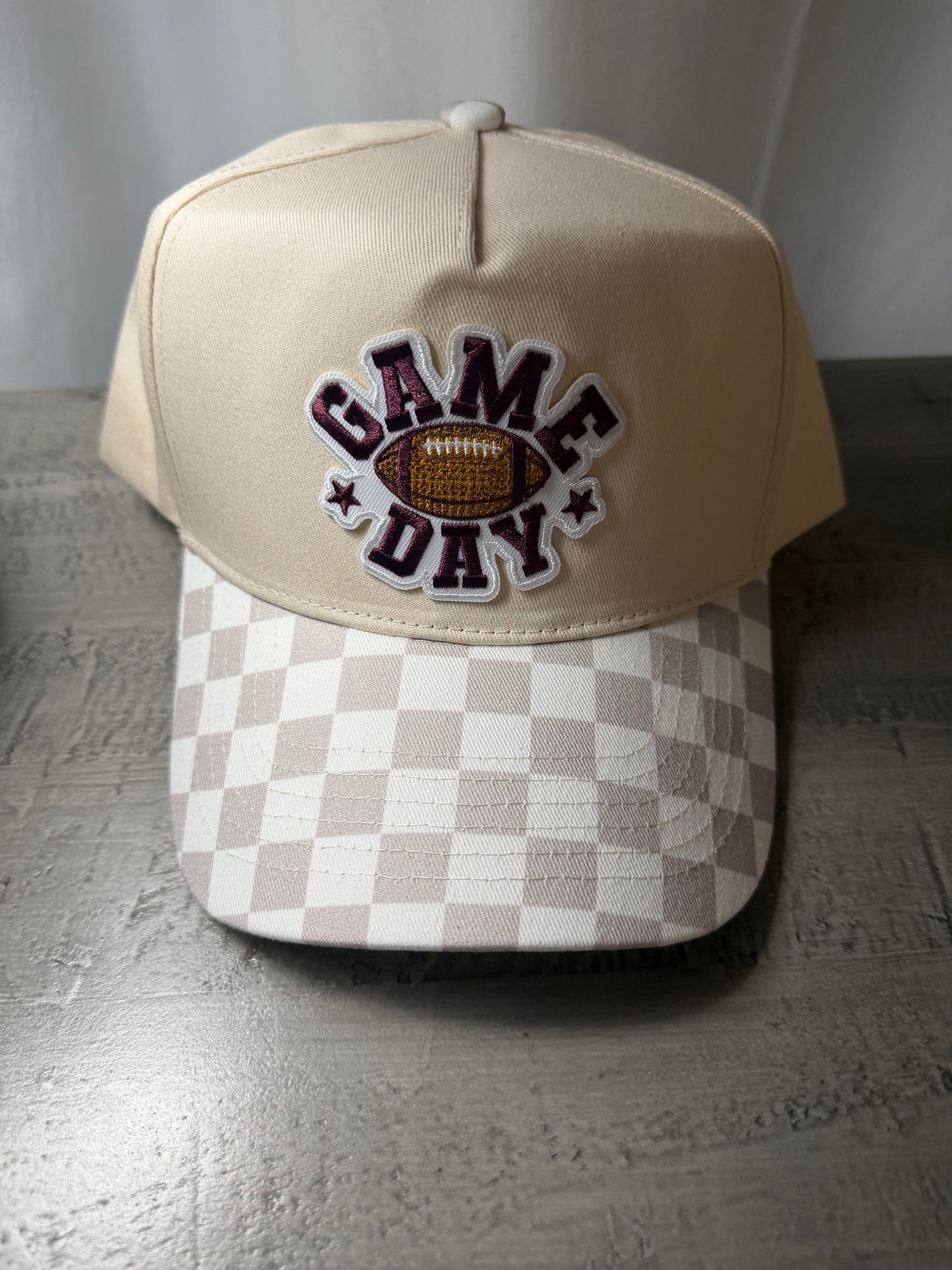 Game Day Trucker Hat – Neutral Checkered Brim