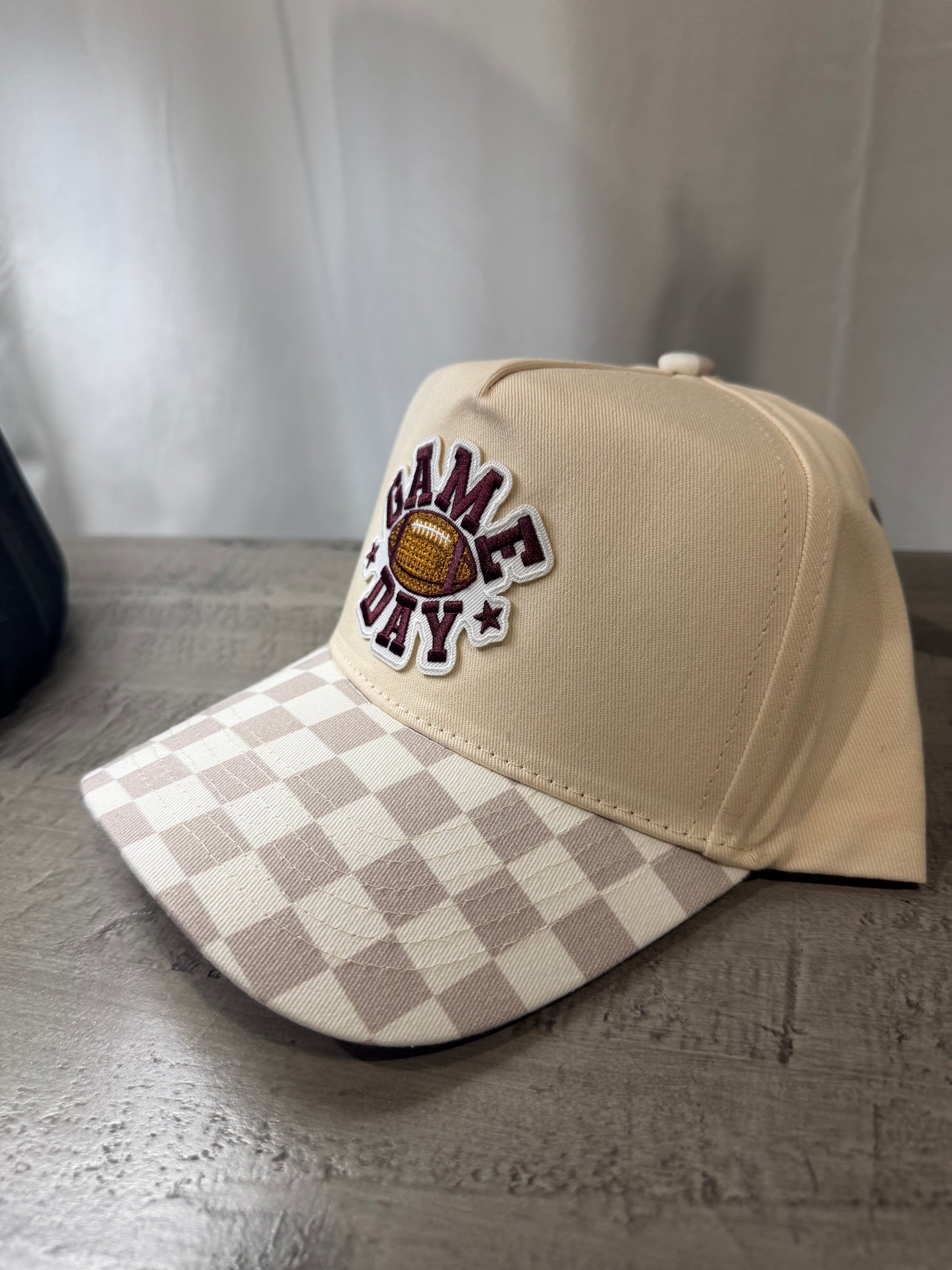 Game Day Trucker Hat – Neutral Checkered Brim