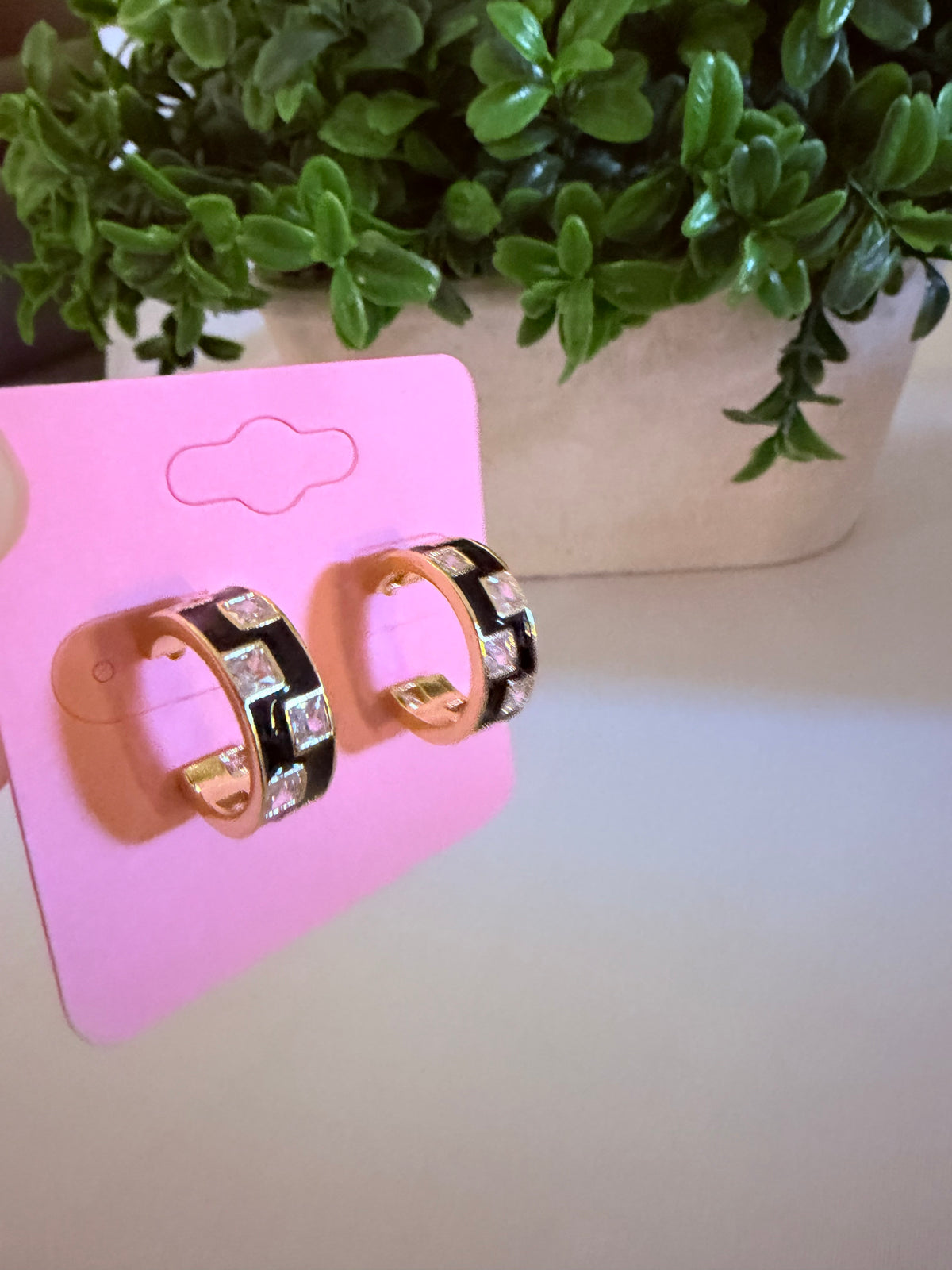 Black Enamel Checkered Hoop Earrings