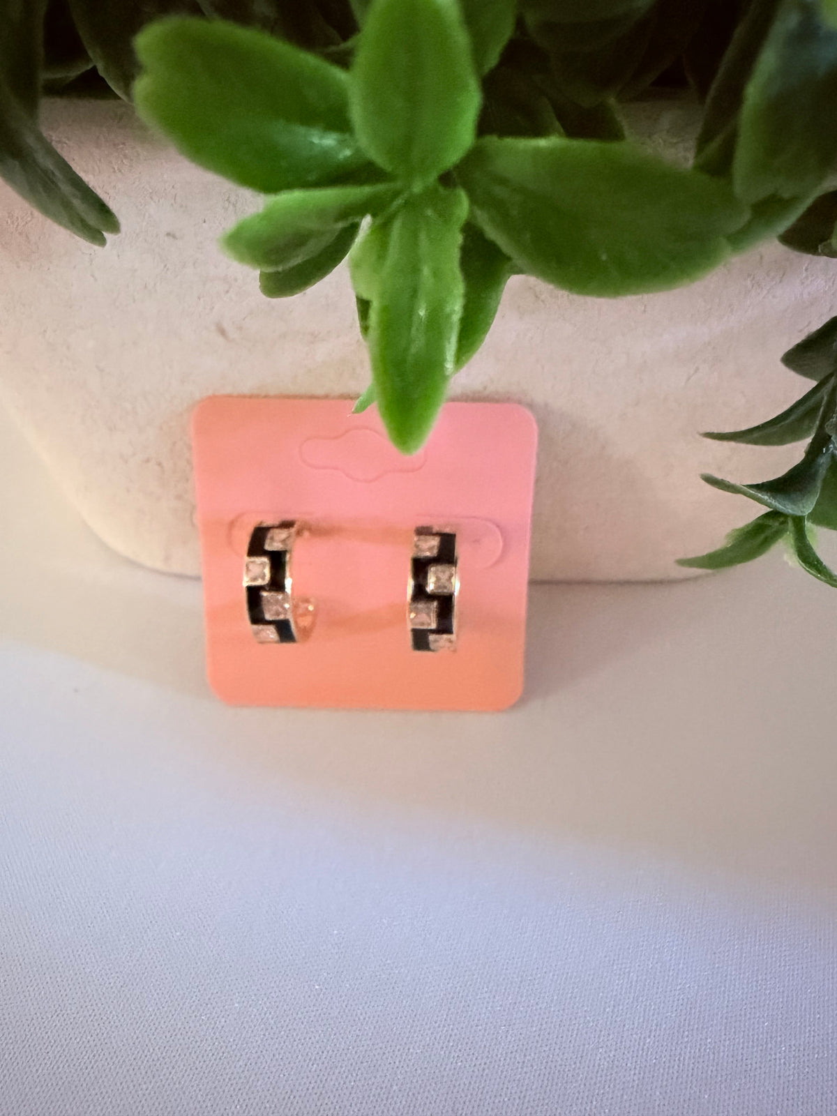 Black Enamel Checkered Hoop Earrings
