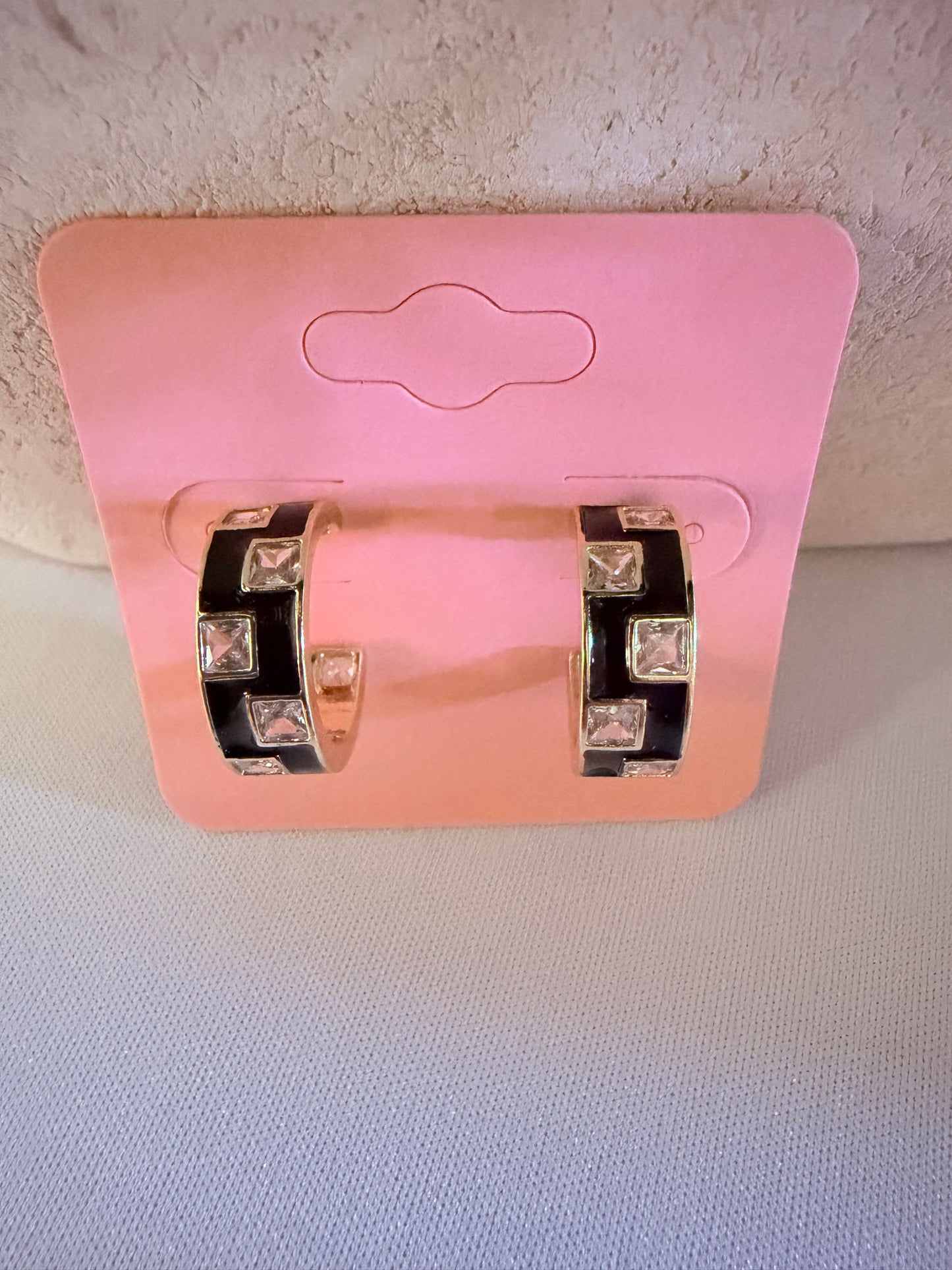 Black Enamel Checkered Hoop Earrings