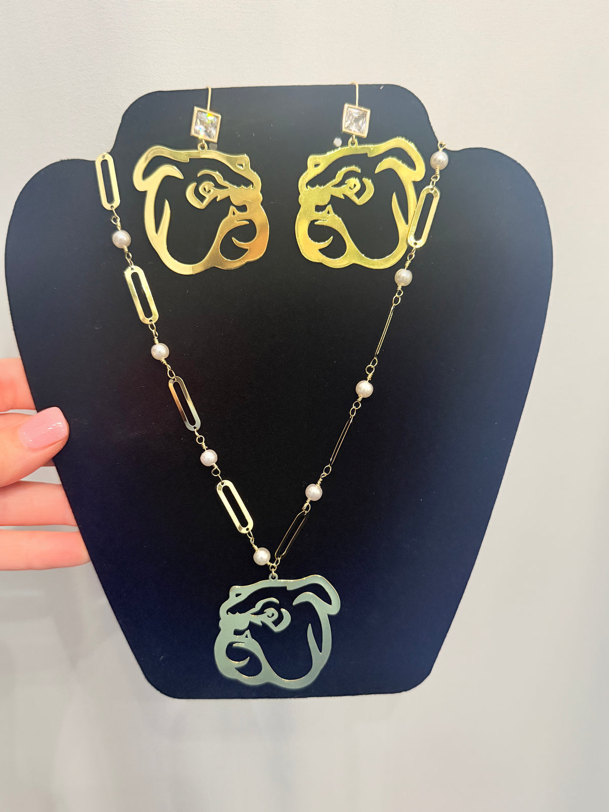 Bulldog Necklace & Earrings Set – Gold & Pearl Accents | $32.95