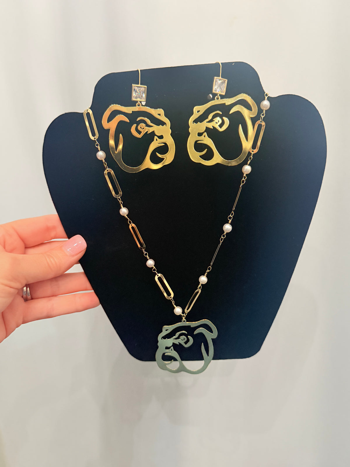 Bulldog Necklace & Earrings Set – Gold & Pearl Accents | $32.95